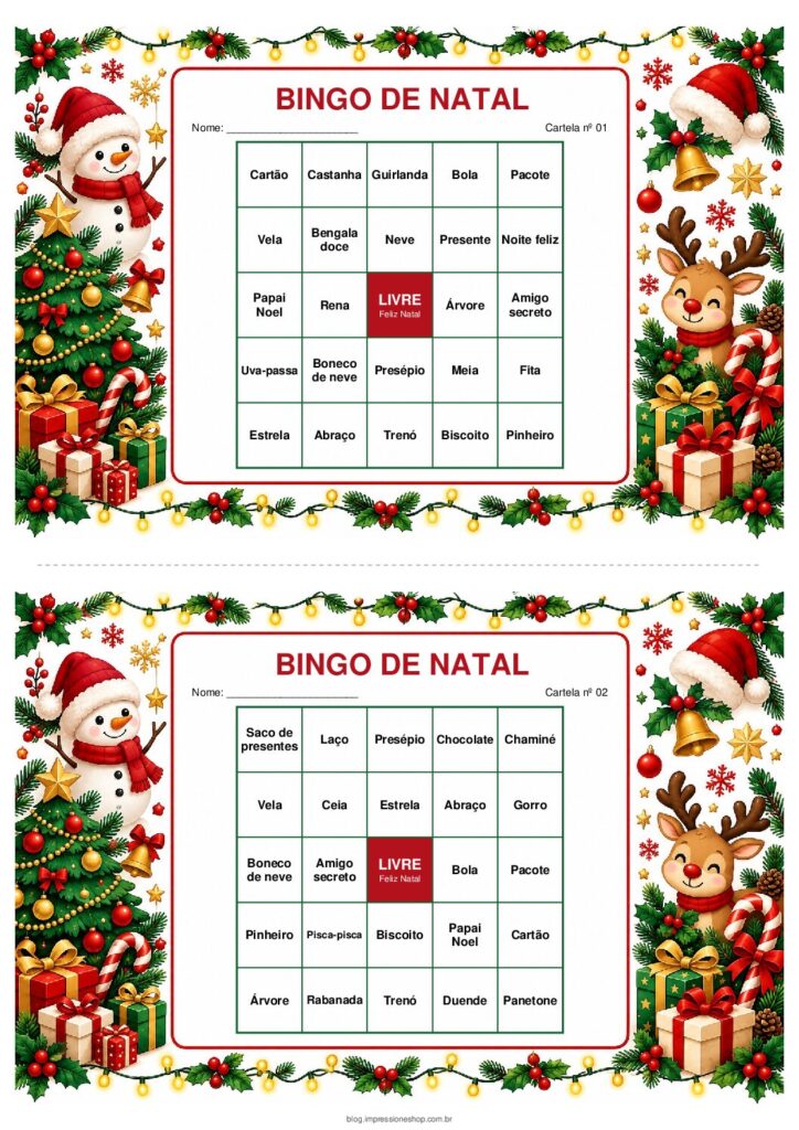 Folha do bingo de Natal para imprimir com duas cartelas decoradas