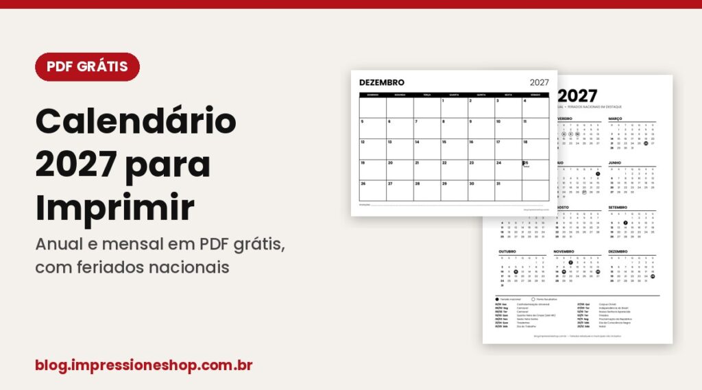 Calendário 2027 para imprimir anual e mensal em PDF